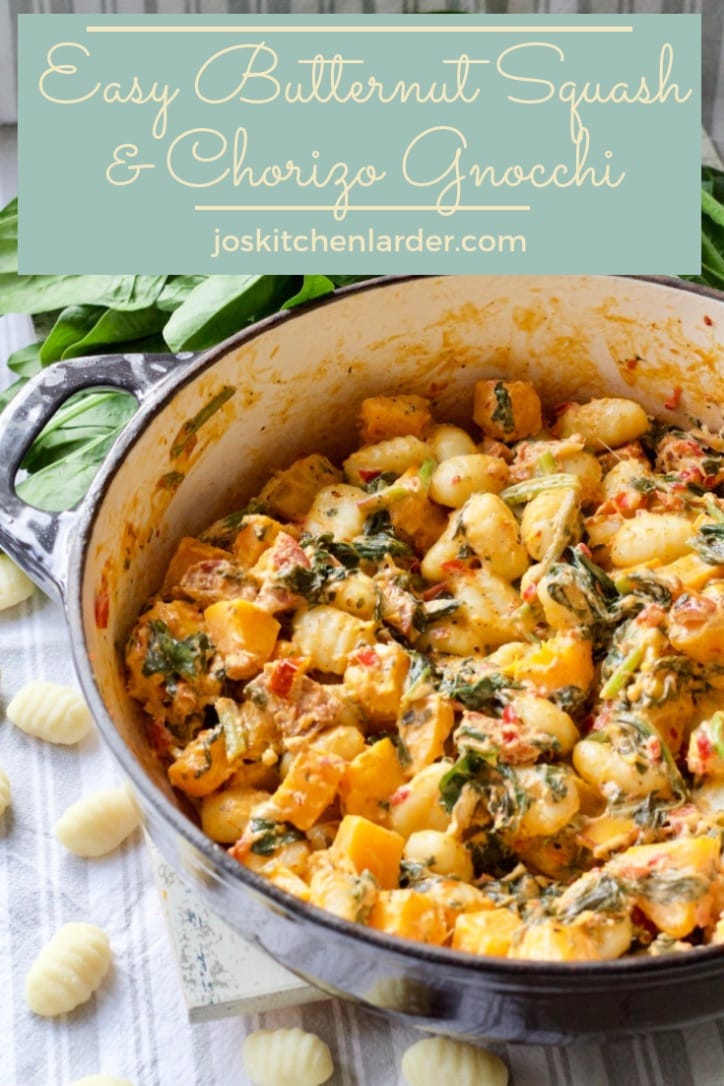 If you are looking for the best sauce for gnocchi you've come to the right place! This easy butternut squash &chorizo based sauce with spinach, sun-dried tomatoes and creamy goat's cheese is not only quick enough to make as a midweek meal but also extremely wholesome and delicious! #gnocchi #sauce #bestsauceforgnocchi #midweekdinner #chorizo #goatscheese #butternutsquash #spinach #sundriedtomatoes